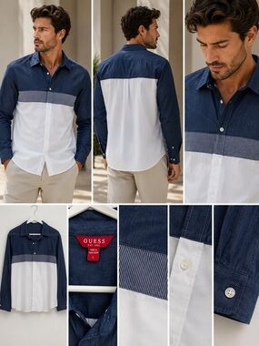 GUESS Men’s Navy and White Colorblock Dress Shirt with Gray Band